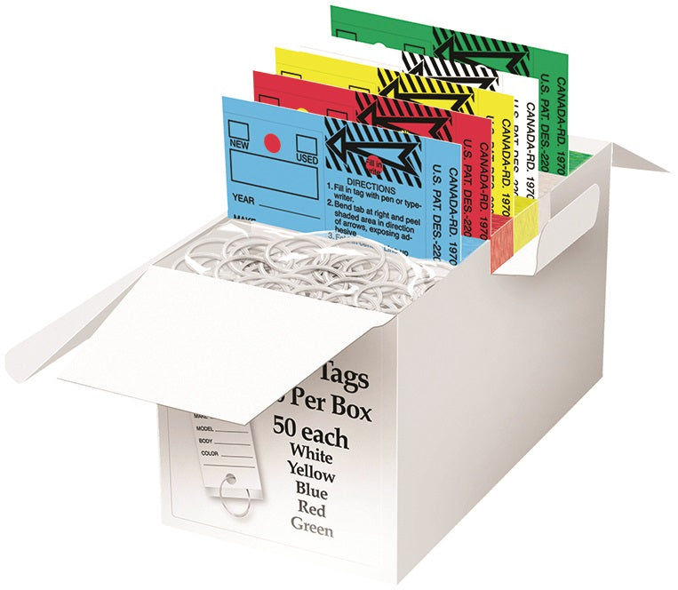 Mixed Versa-Tags Yel., White, Red, Blue & Green, 50 Each with Rings