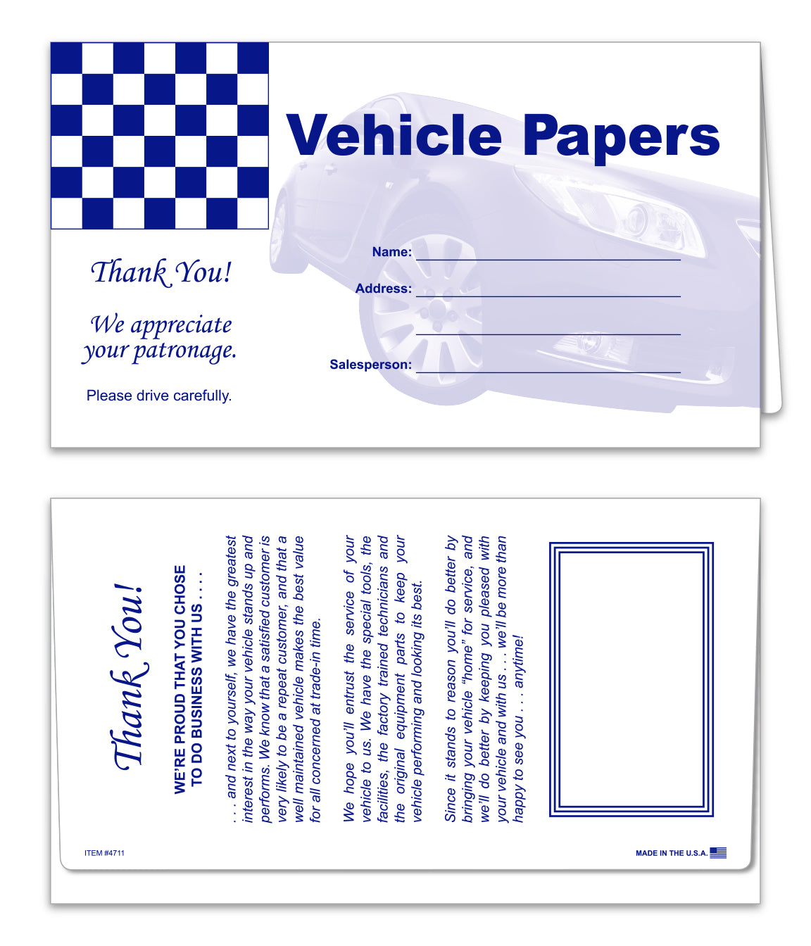 Vehicle Paper Wallet - Blue with Checkered Flag - Qty. 50