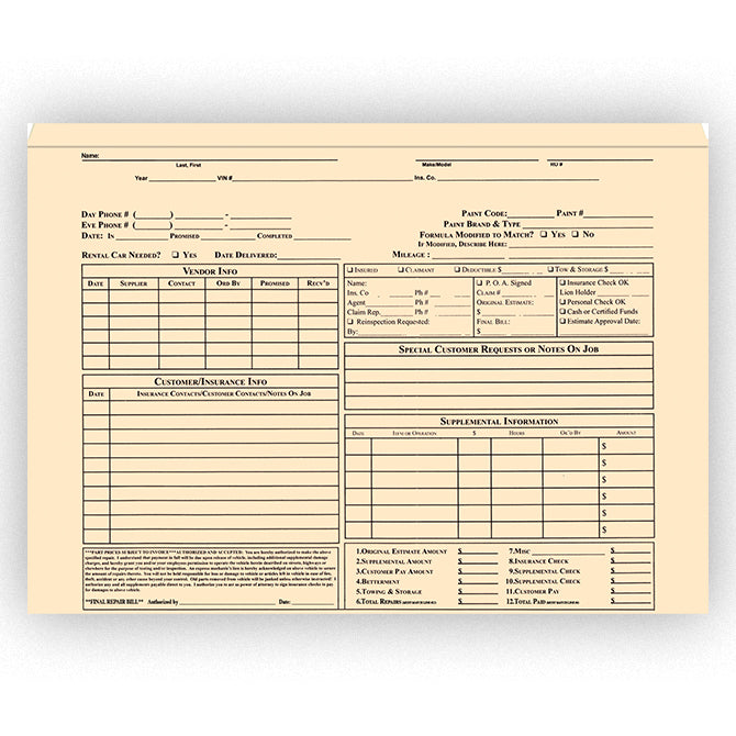 Body Shop Repair Order Jacket, BUFF - Pack of 100