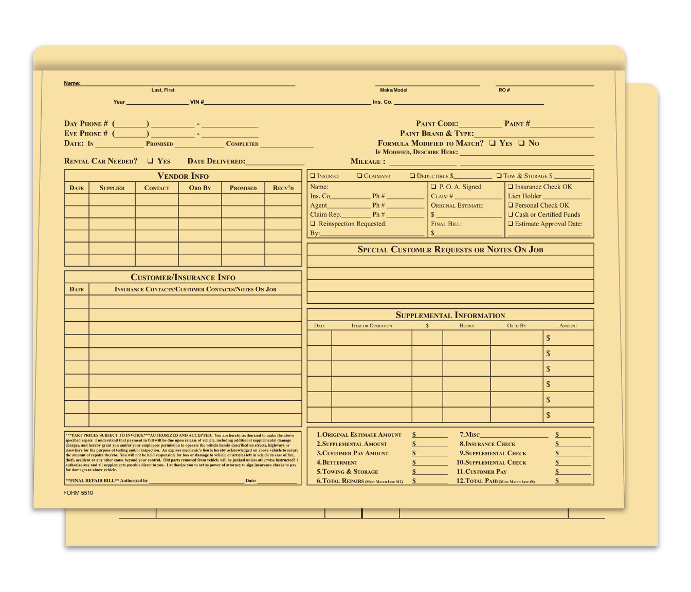 Body Shop Repair Order Jacket, BUFF - Box of 500