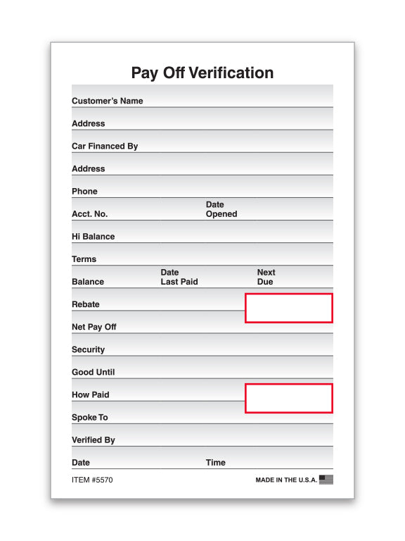Pay Off Verification - Qty 100 Per Pad