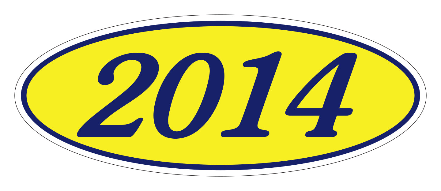 Oval Year Window Sticker - 2014 BLUE on YELLOW - Qty. 12