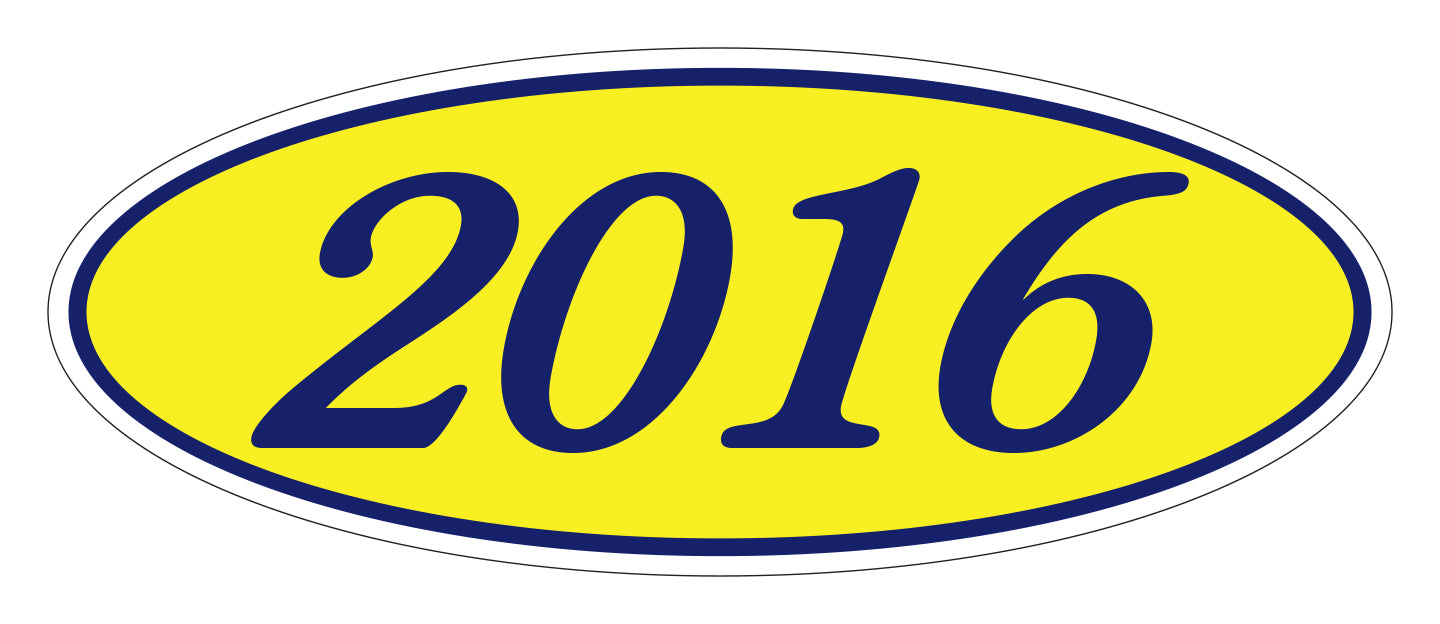 Oval Year Window Sticker - 2016 BLUE on YELLOW - Qty. 12
