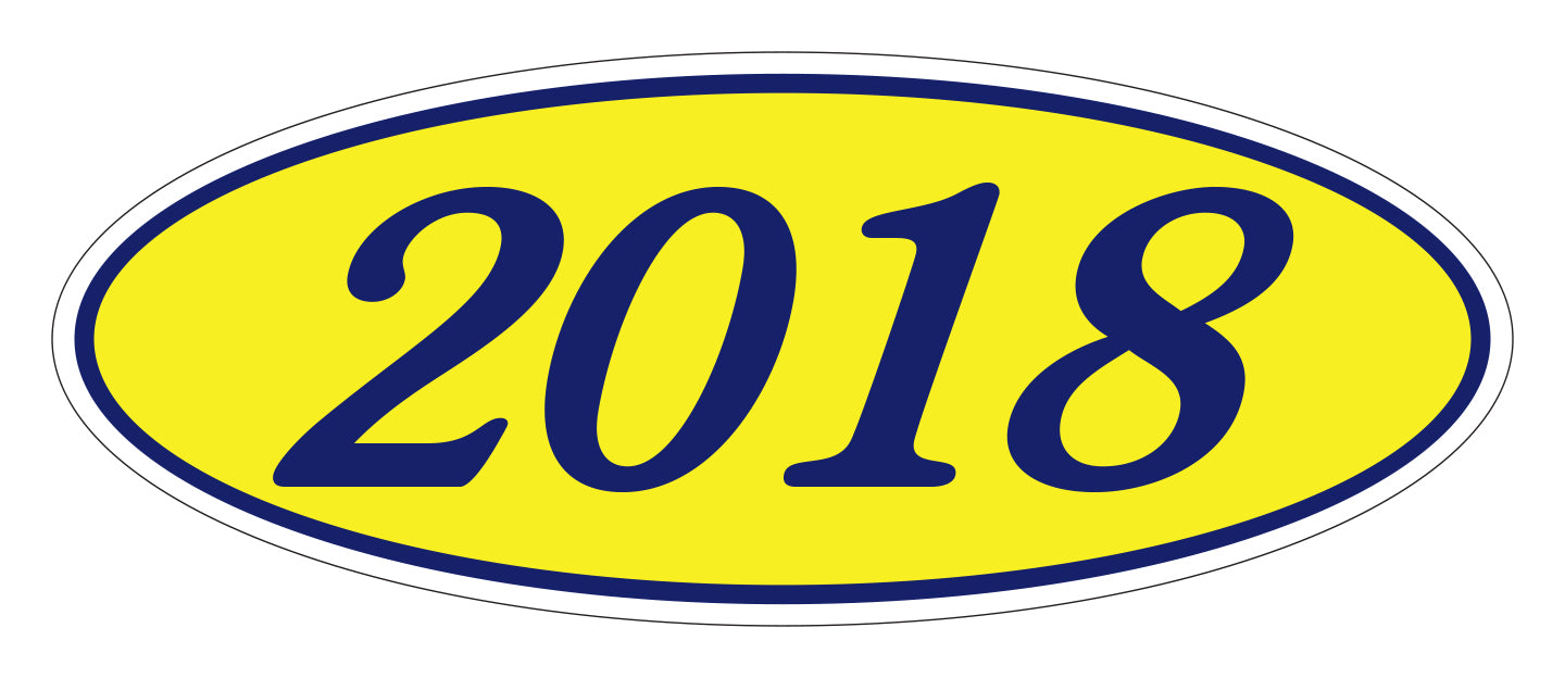 Oval Year Window Sticker - 2018 BLUE on YELLOW - Qty. 12