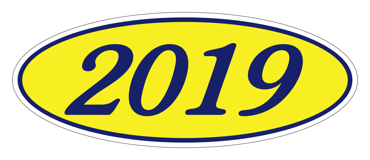 Oval Year Window Sticker - 2019 BLUE on YELLOW - Qty. 12