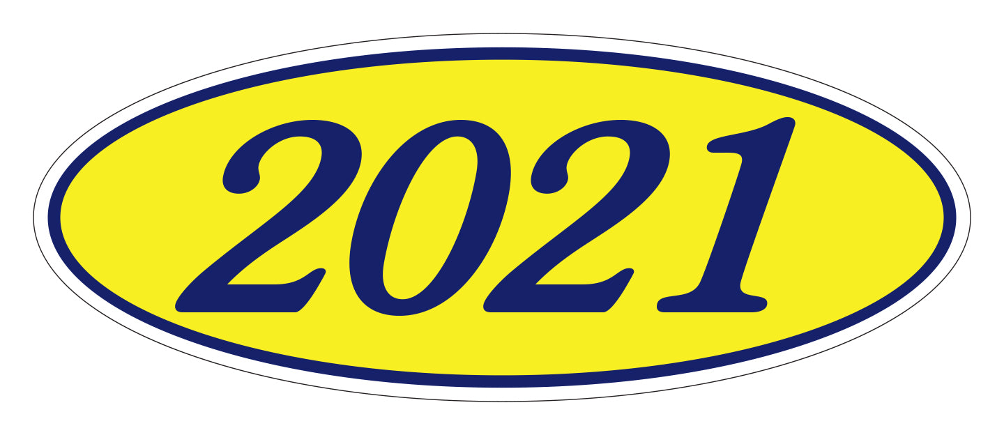Oval Year Window Sticker - 2021 BLUE on YELLOW - Qty. 12
