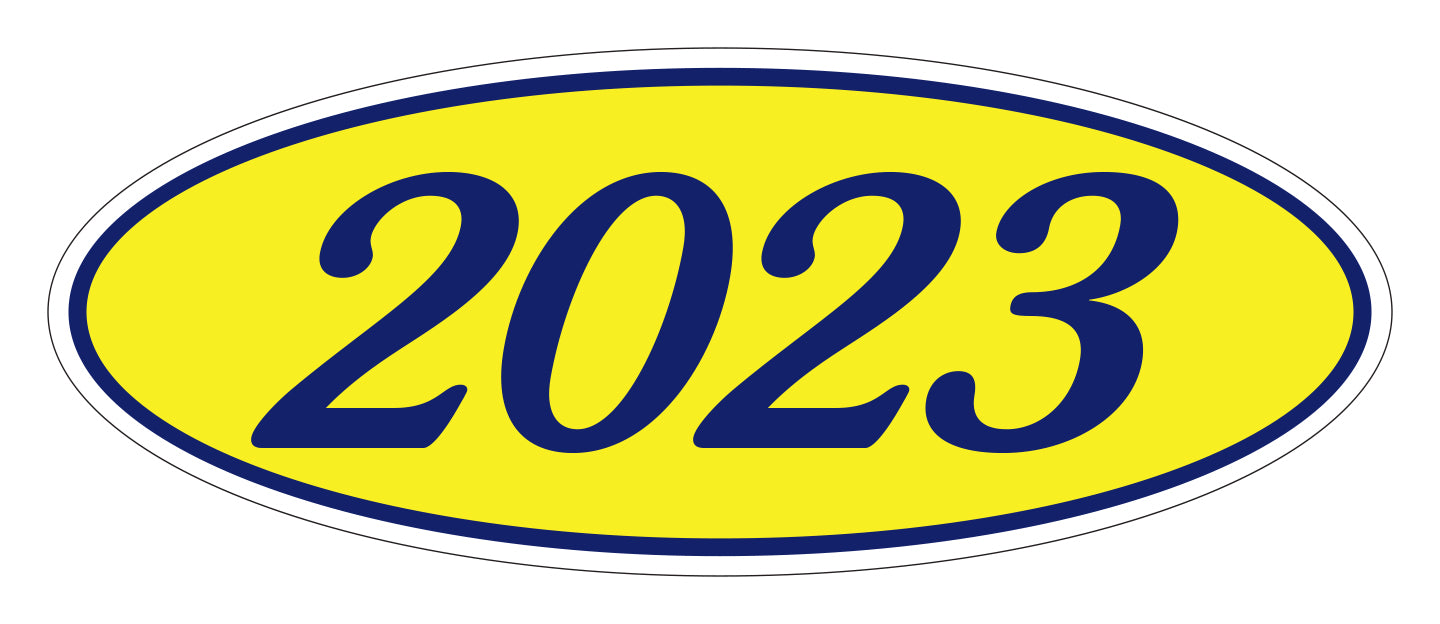 Oval Year Window Sticker - 2023 BLUE on YELLOW - Qty. 12
