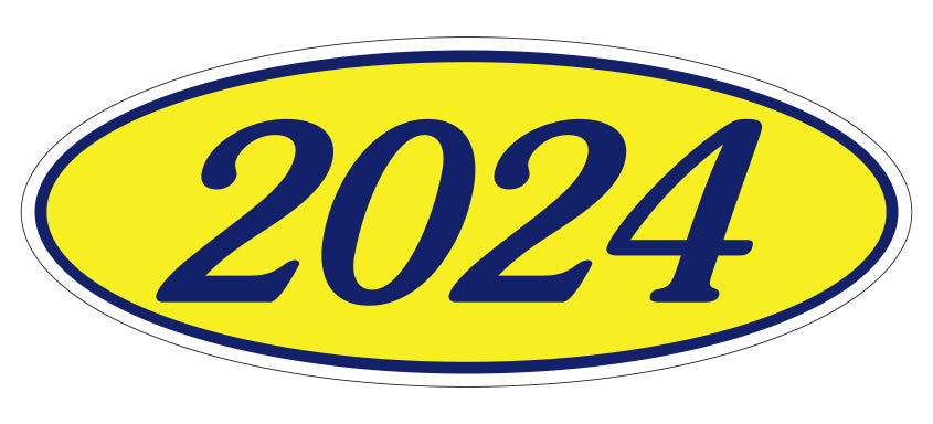 Oval Year Window Sticker - 2024 BLUE on YELLOW - Qty. 12
