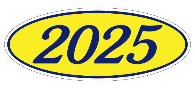 Oval Year Window Sticker - 2025 BLUE on YELLOW - Qty. 12