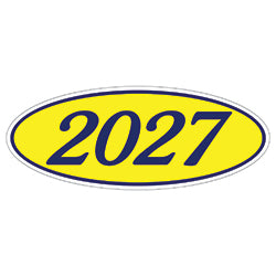 Oval Year Window Sticker - 2027 BLUE on YELLOW - Qty. 12 | Oval Years