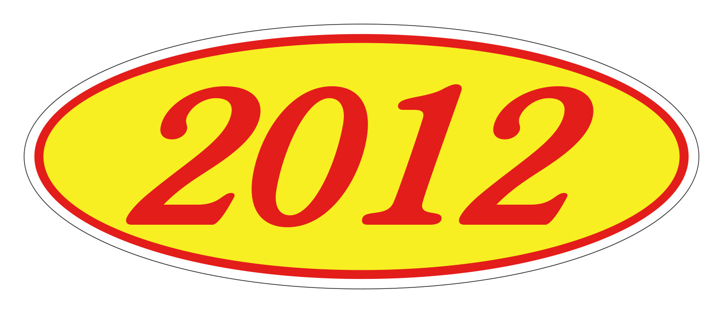 Oval Year Window Sticker - 2012 RED on YELLOW - Qty. 12