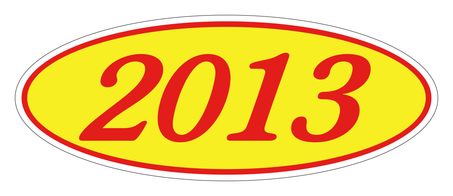 Oval Year Window Sticker - 2013 RED on YELLOW - Qty. 12