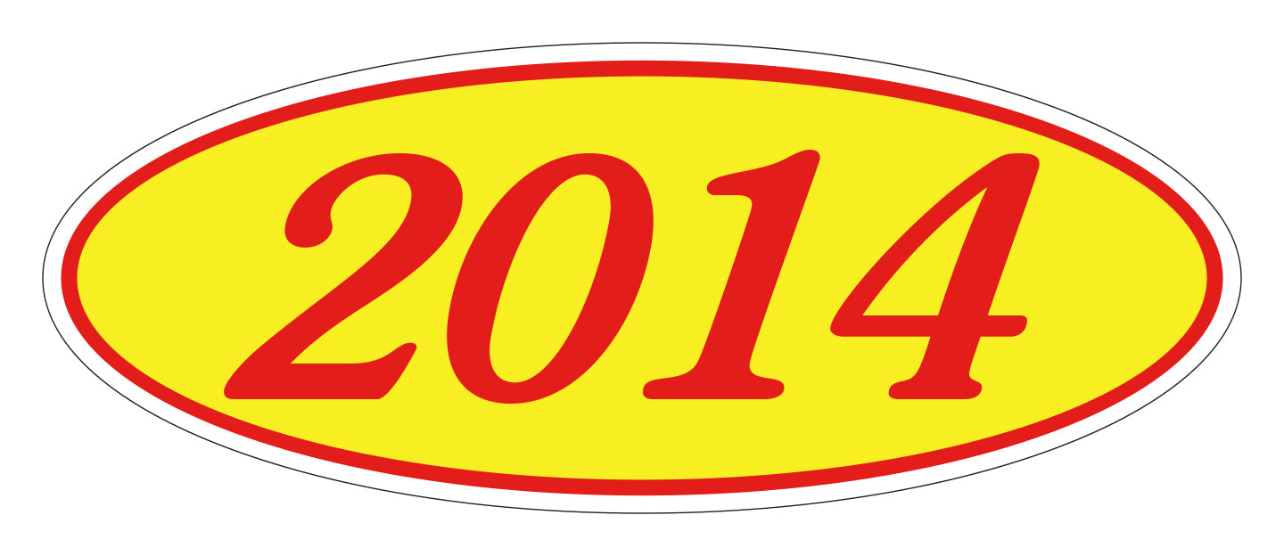 Oval Year Window Sticker - 2014 RED on YELLOW - Qty. 12