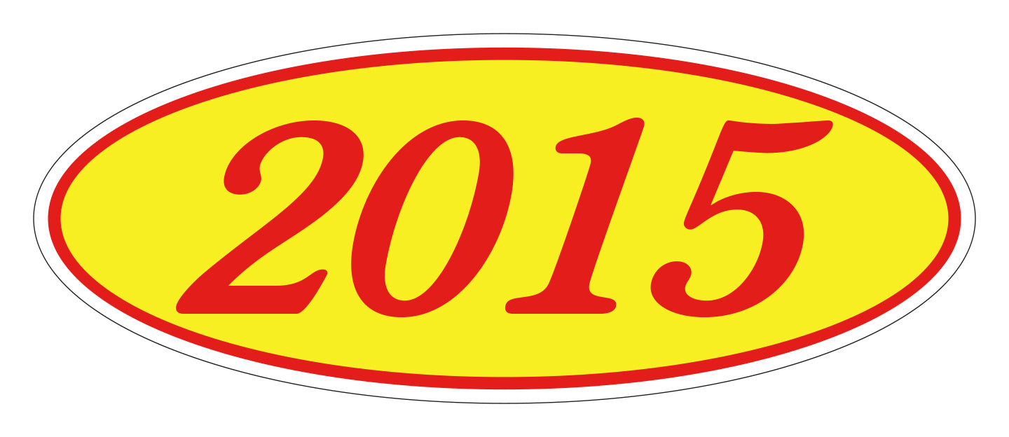 Oval Year Window Sticker - 2015 RED on YELLOW - Qty. 12