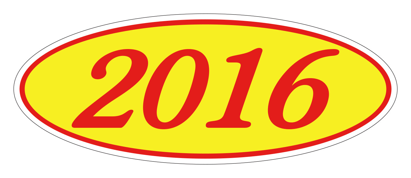 Oval Year Window Sticker - 2016 RED on YELLOW - Qty. 12