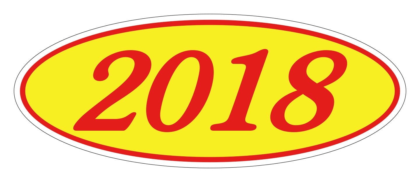 Oval Year Window Sticker - 2018 RED on YELLOW - Qty. 12