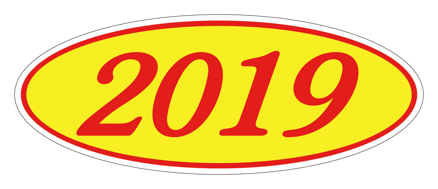 Oval Year Window Sticker - 2019 RED on YELLOW - Qty. 12
