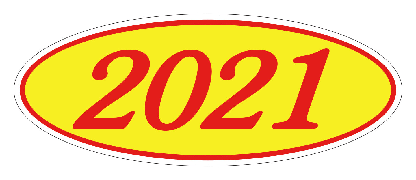 Oval Year Window Sticker - 2021 RED on YELLOW - Qty. 12
