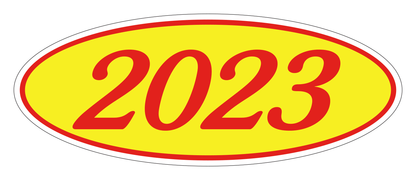 Oval Year Window Sticker - 2023 RED on YELLOW - Qty. 12