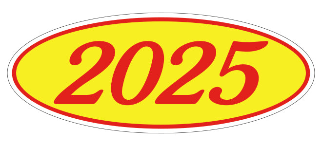 Oval Year Window Sticker - 2025 RED on YELLOW - Qty. 12