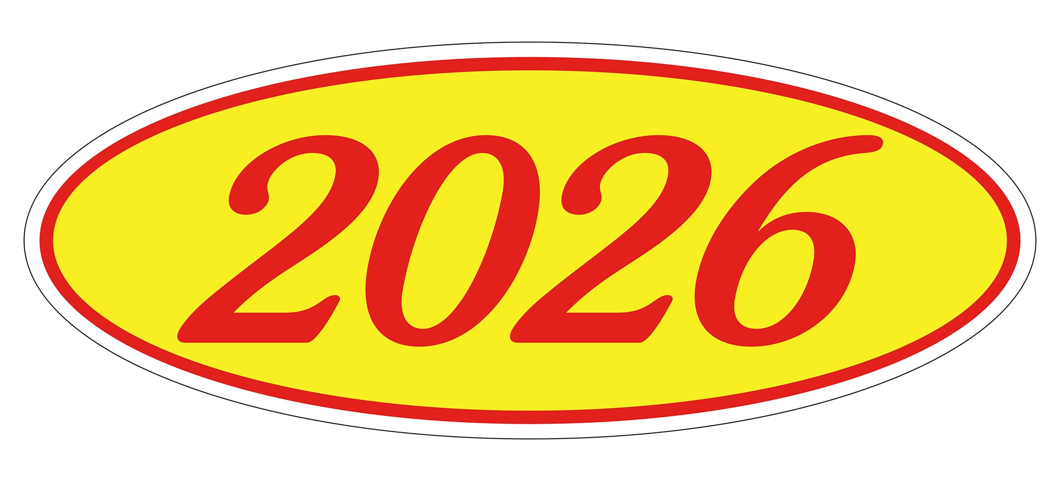 Oval Year Window Sticker - 2026 RED on YELLOW - Qty. 12