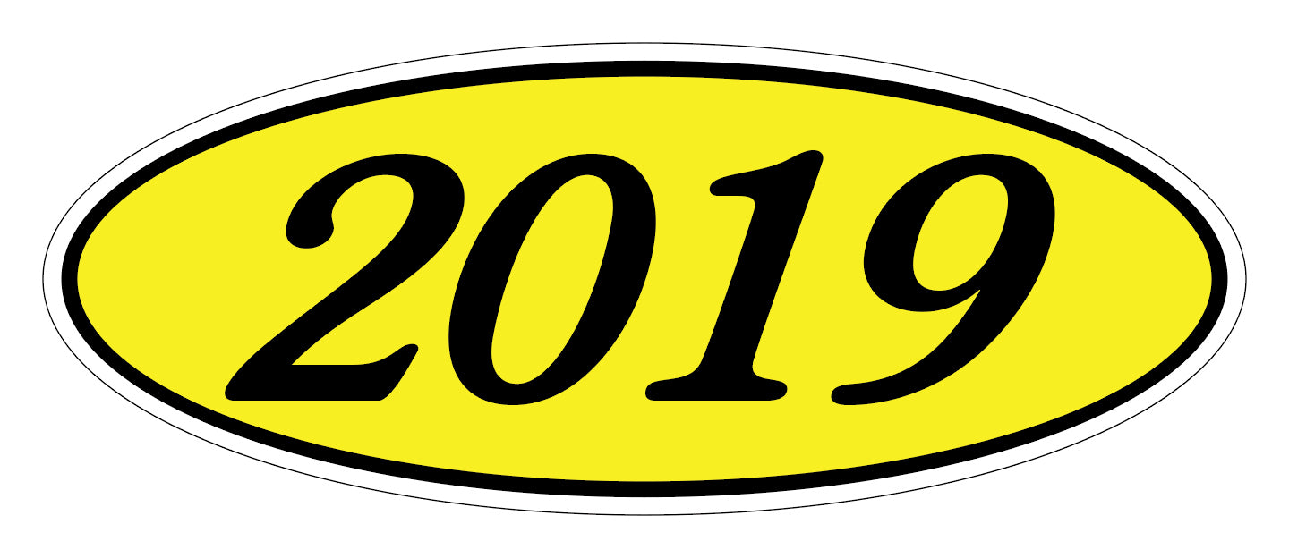 Oval Year Window Sticker - 2019 BLACK on YELLOW - Qty. 12