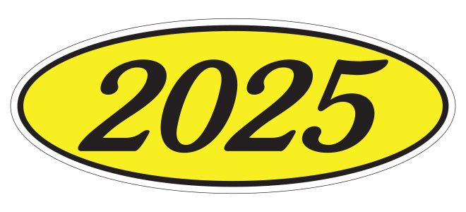 Oval Year Window Sticker - 2025 BLACK on YELLOW - Qty. 12