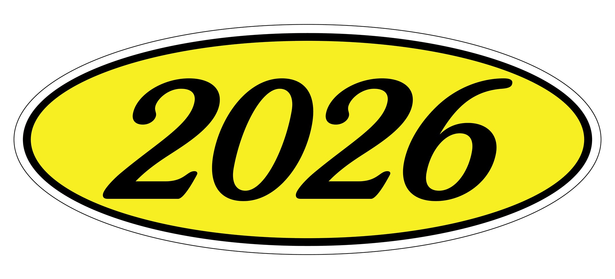 Oval Year Window Sticker - 2026 BLACK on YELLOW - Qty. 12