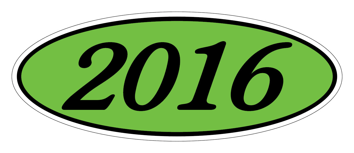Oval Year Window Sticker - 2016 BLACK on GREEN - Qty. 12