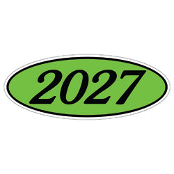 Oval Year Window Sticker - 2027 BLACK on GREEN - Qty. 12 | Oval Years