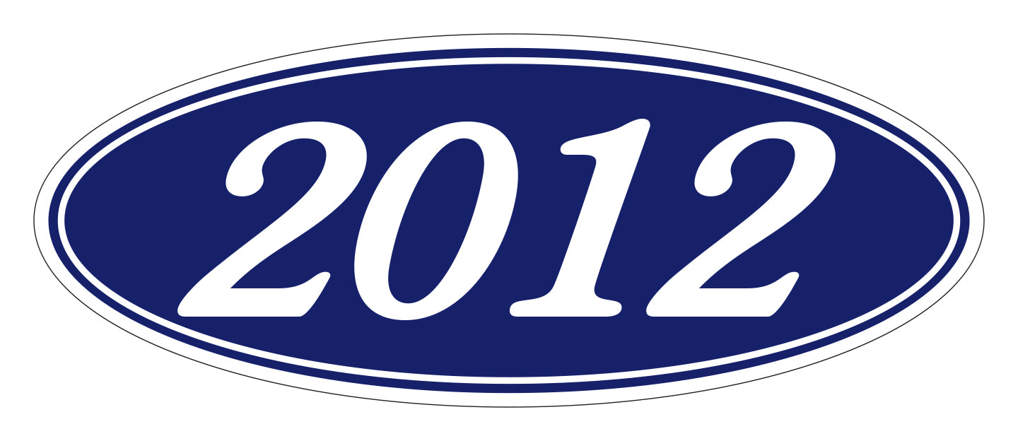 Oval Year Window Sticker - 2012 WHITE on BLUE - Qty. 12