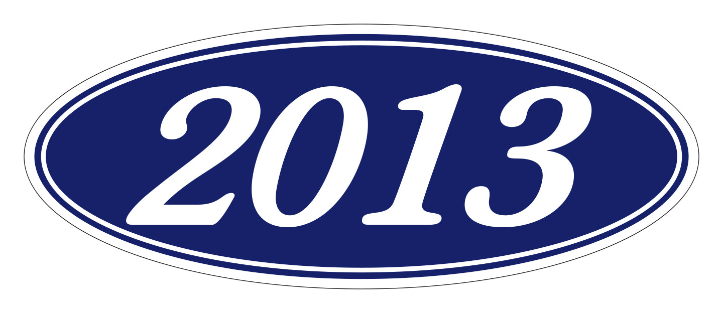Oval Year Window Sticker - 2013 WHITE on BLUE - Qty. 12