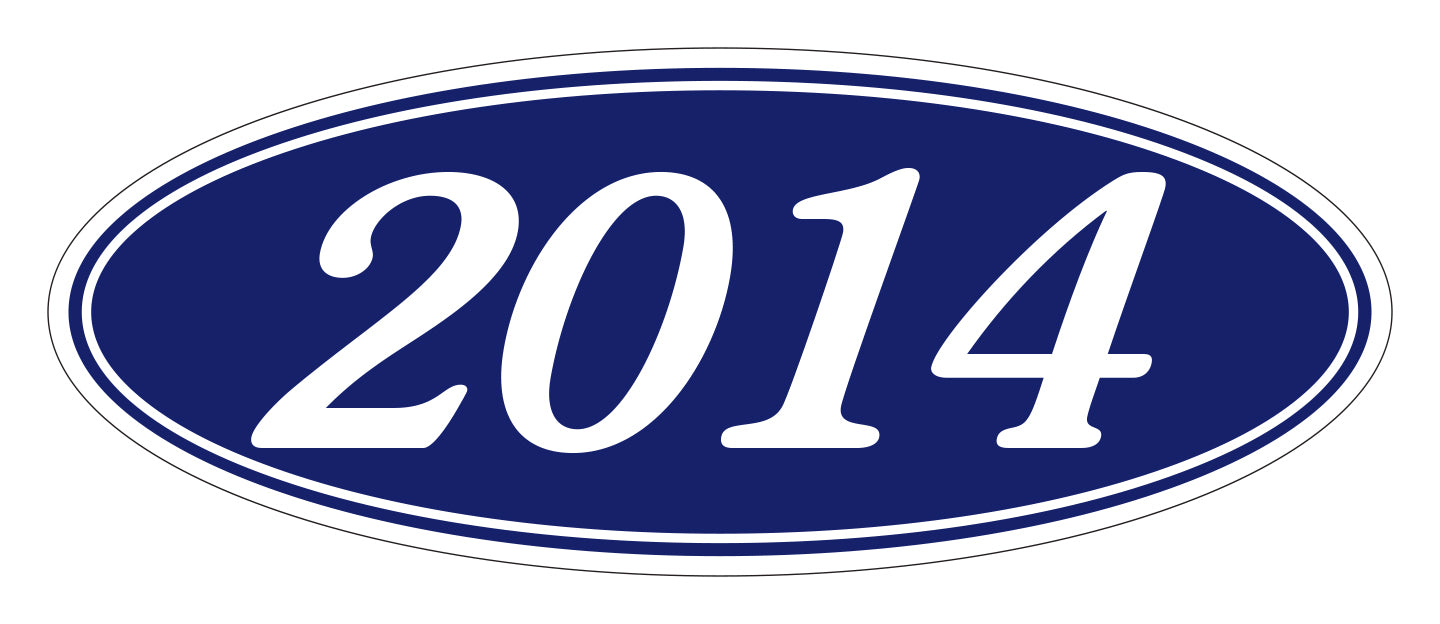 Oval Year Window Sticker - 2014 WHITE on BLUE - Qty. 12