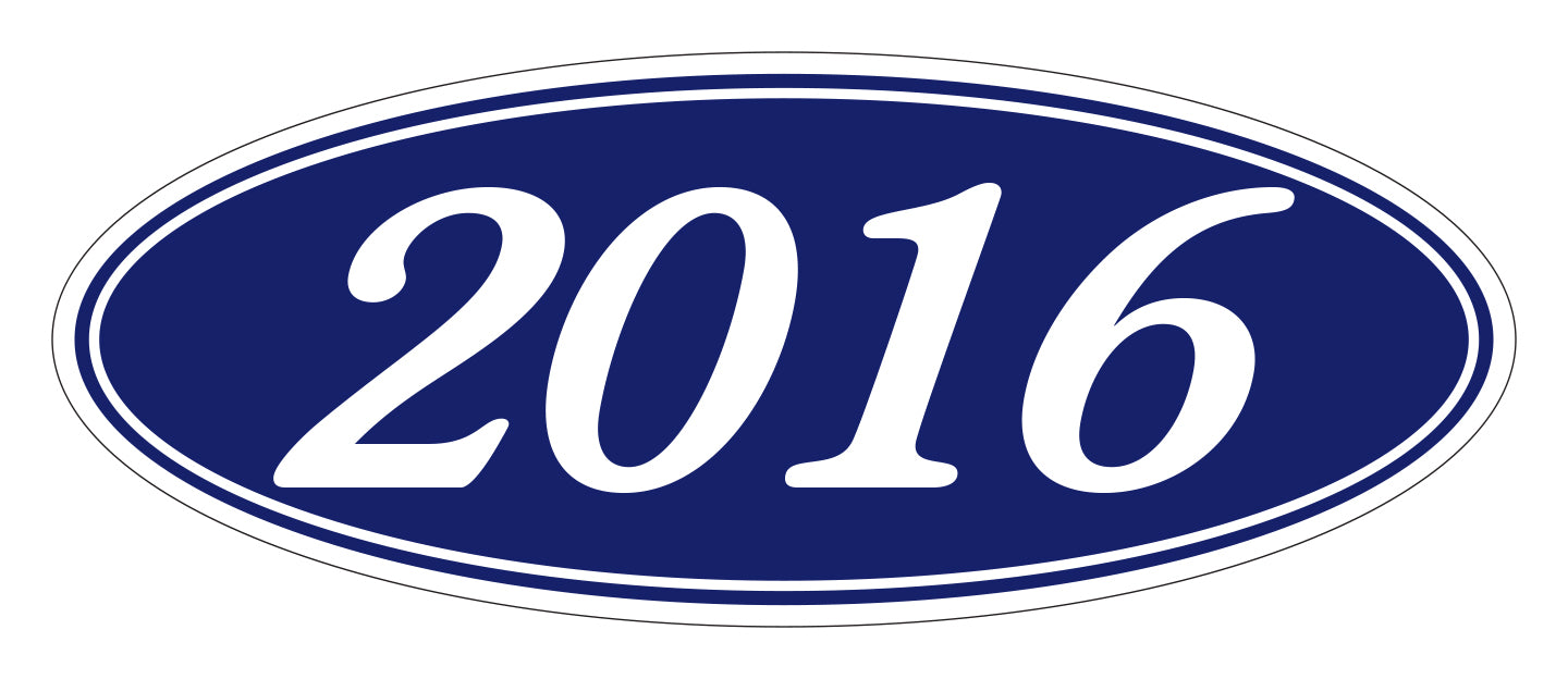 Oval Year Window Sticker - 2016 WHITE on BLUE - Qty. 12