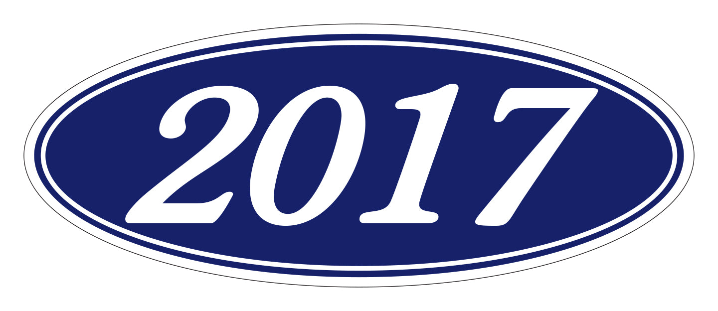 Oval Year Window Sticker - 2017 WHITE on BLUE - Qty. 12