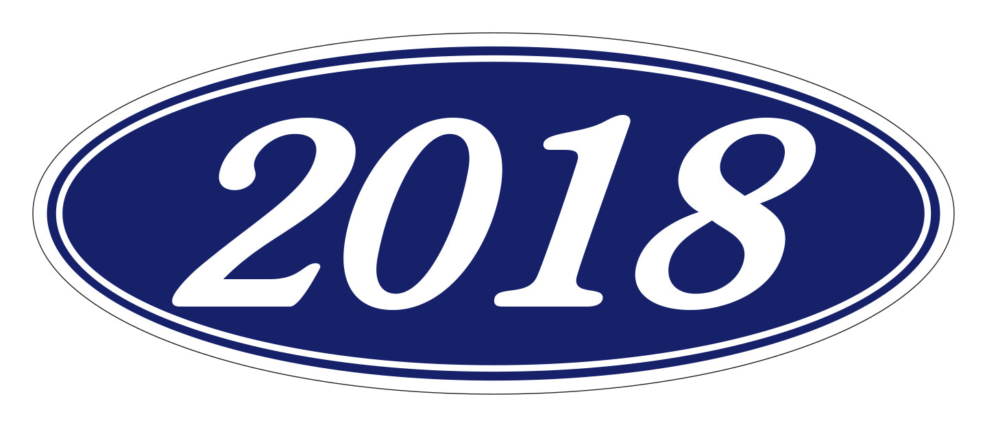 Oval Year Window Sticker - 2018 WHITE on BLUE - Qty. 12
