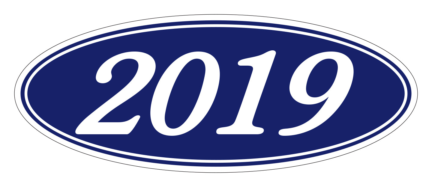 Oval Year Window Sticker - 2019 WHITE on BLUE - Qty. 12