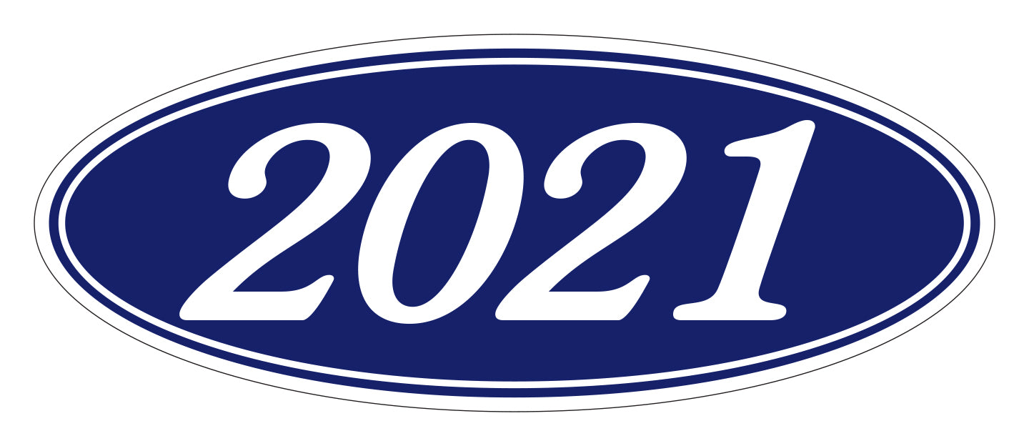 Oval Year Window Sticker - 2021 WHITE on BLUE - Qty. 12