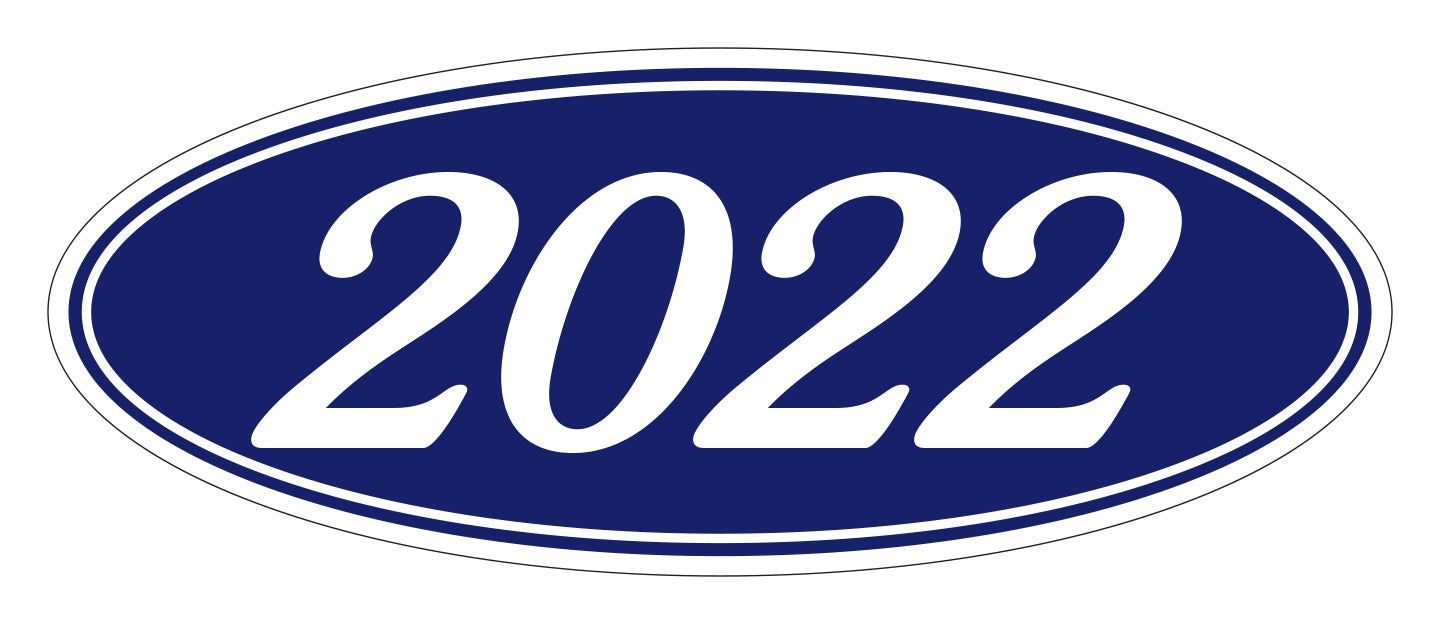 Oval Year Window Sticker - 2022 WHITE on BLUE - Qty. 12