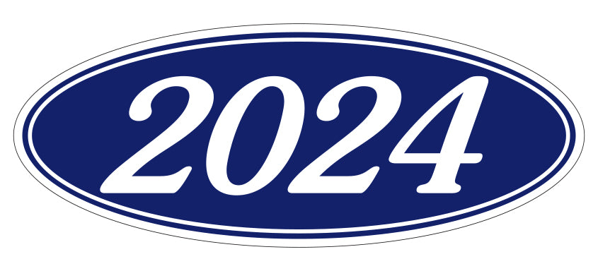 Oval Year Window Sticker - 2024 WHITE on BLUE - Qty. 12