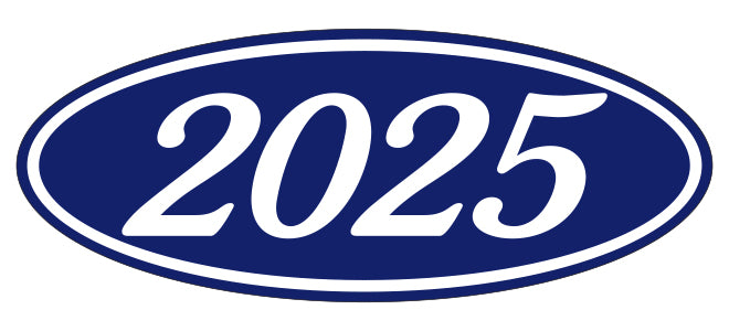 Oval Year Window Sticker - 2025 WHITE on BLUE - Qty. 12