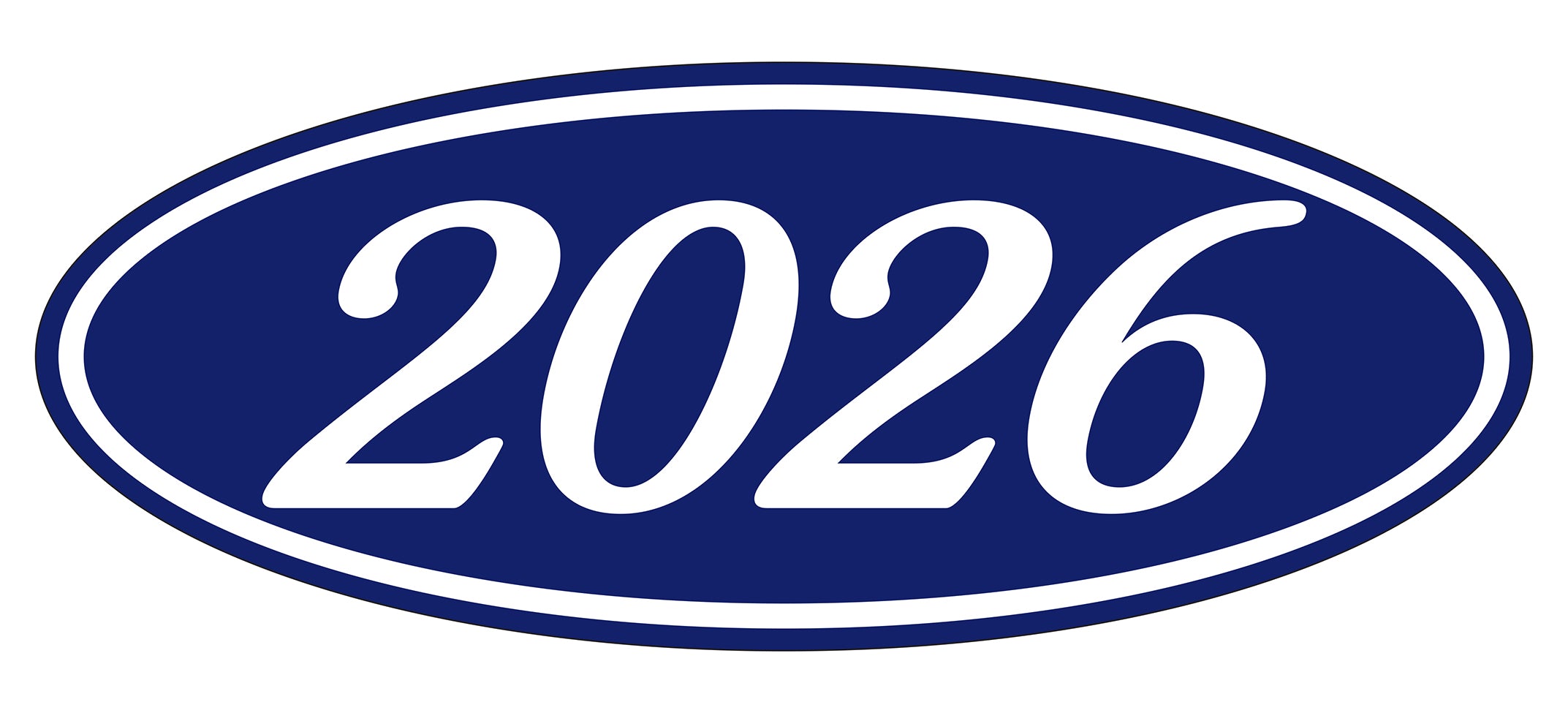 Oval Year Window Sticker - 2026 WHITE on BLUE - Qty. 12