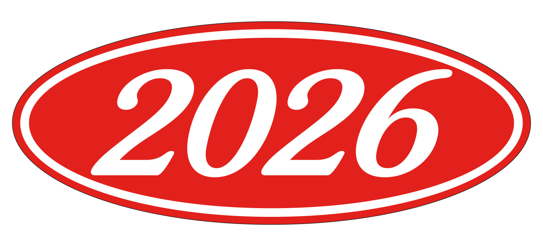 Oval Year Window Sticker - 2026 WHITE on RED - Qty. 12