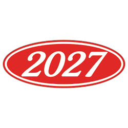 Oval Year Window Sticker - 2027 WHITE on RED - Qty. 12 | Oval Years