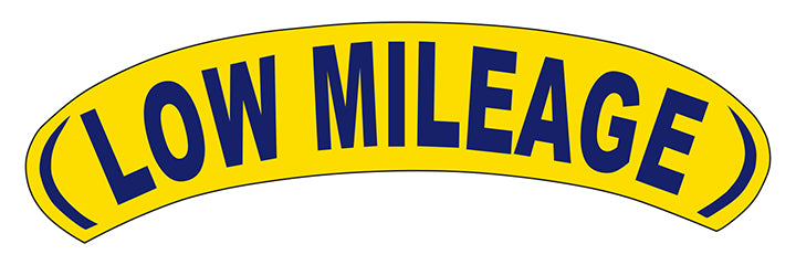 Arch Slogan Window Sticker - Low Mileage - Blue on Yellow - Qty. 12