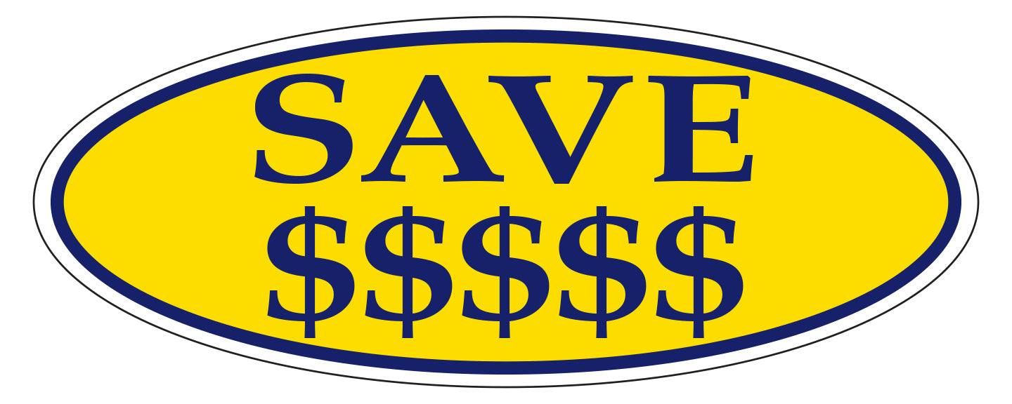 Window Sticker, Blue on Yellow Oval, SAVE $$$$$ - Qty. 12