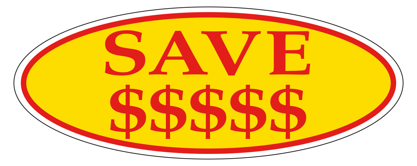 Window Sticker, Red on Yellow Oval, SAVE $$$$$ - Qty. 12