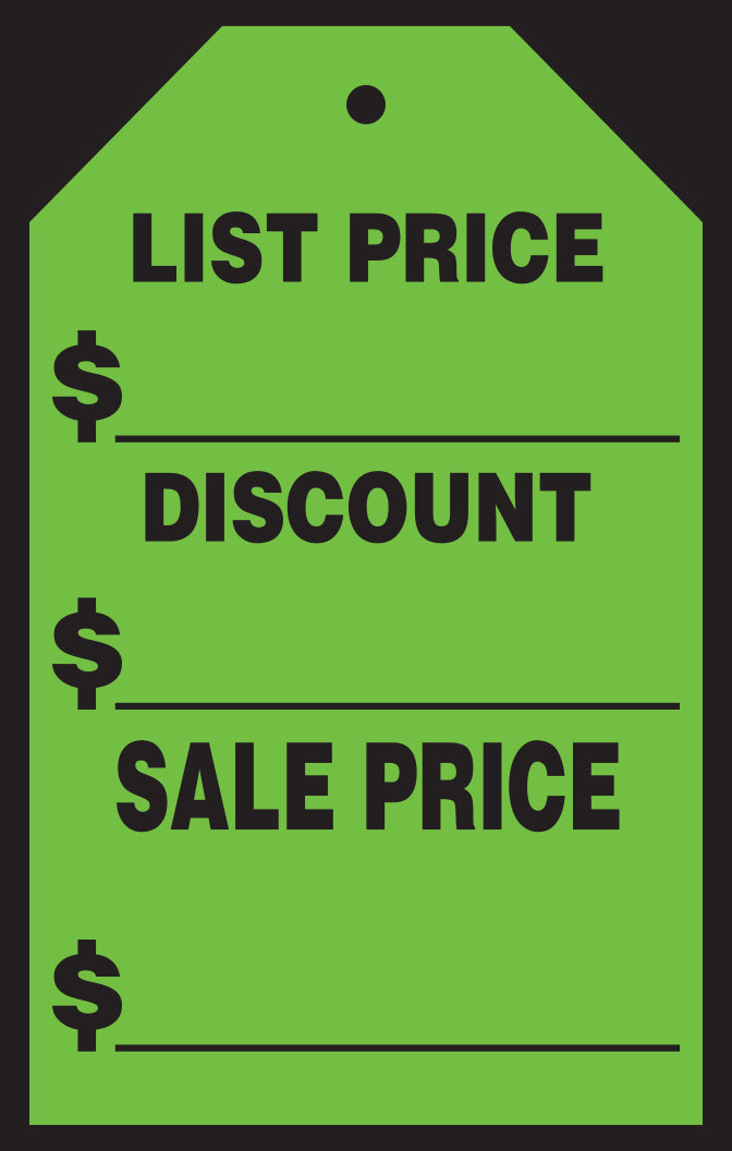 Window Price Sticker - Hang Tag - Green - List/Discount -7" x 11"- Qty. 12