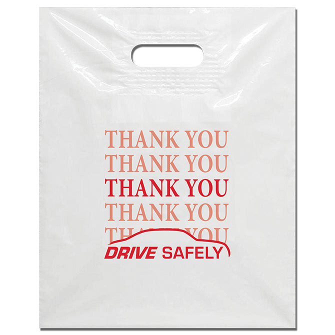 White Plastic Patch Handle Bags - Red Imprint - Qty. 100