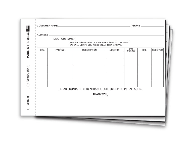 Special Parts Order Form - SA-112-3 - Qty. 100